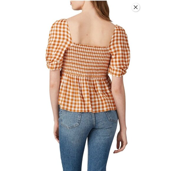 SAYLOR Glenny Gingham Puff Sleeve Top Orange White Size L - Picture 2 of 10